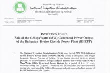 Invitation To Bid of 6 MW Generated Power Output of the Baligatan Hydro Electric Power Plant