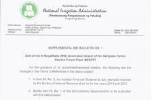 Supplemental Bid Bulletin No. 1 for Sale of the 6 MegaWatts Generated Power Output of the Baligatan Hydro Electric Power Plant